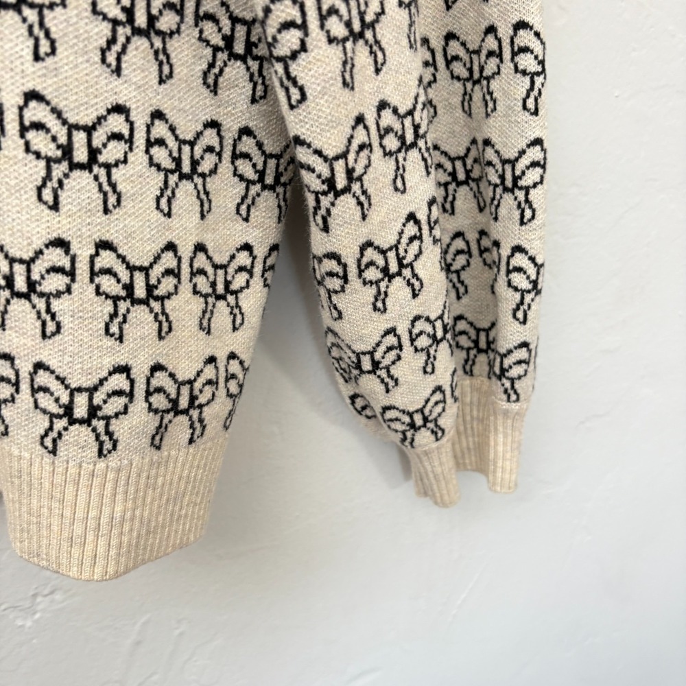 ICHI Ihbrielle Knit Cardigan Women Size Medium Bows Beige Black Button Up - Picture 15 of 15